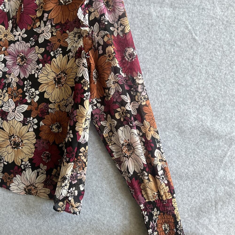 Steve Madden Fall Floral Ruffled Blouse Sheer Lined Smocked Cuffs Longsleeve XS - Picture 6 of 7